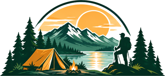 Camping tent, campfire and hiker overlooking a mountain lake